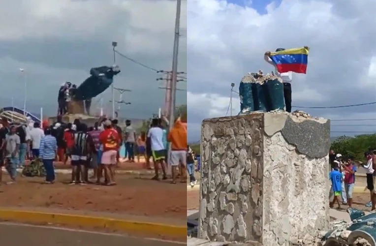 Derriban estatua de Hugo Chávez en protesta contra