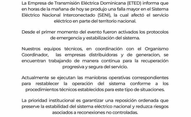 ETED informa sobre fallo en servicio eléctrico nacional.